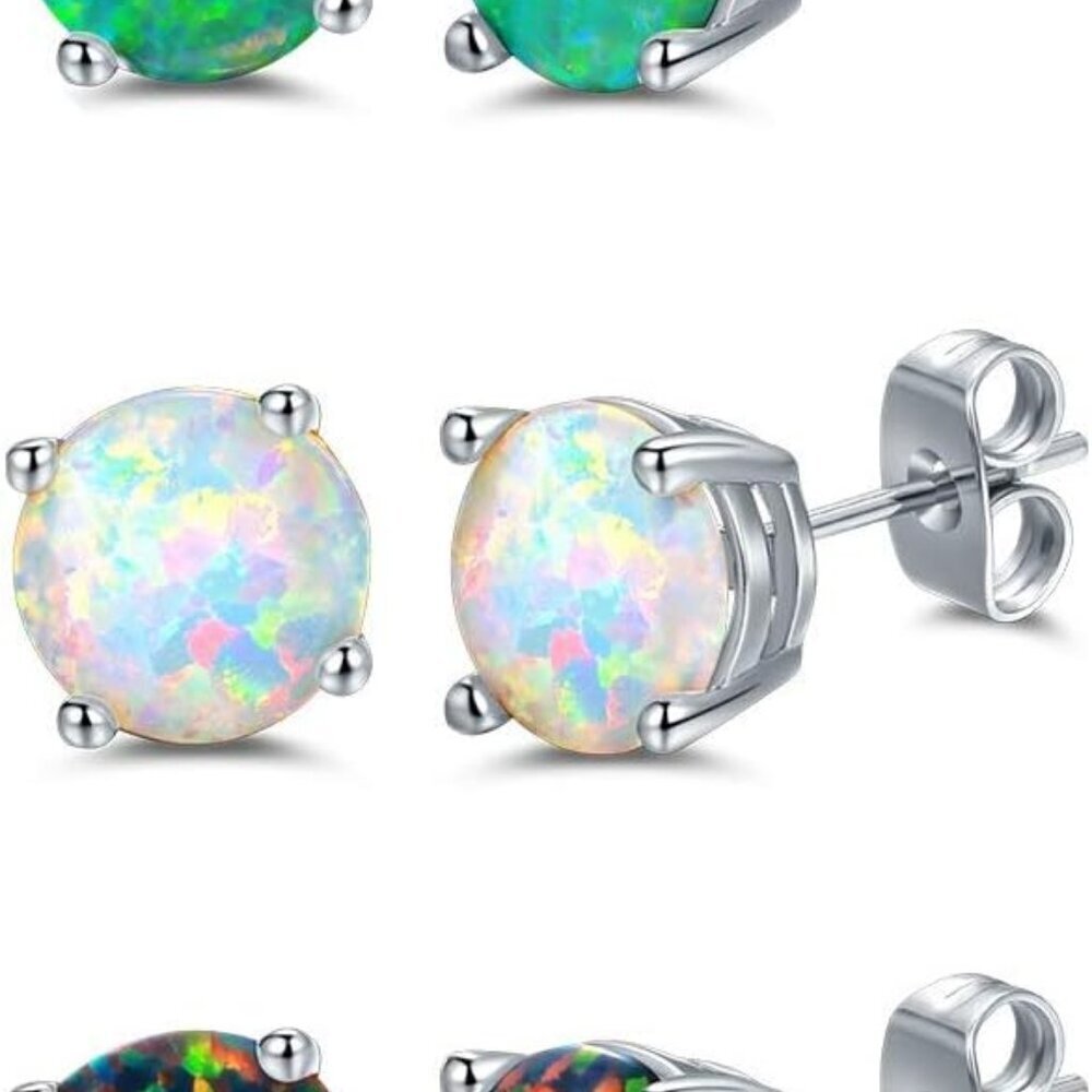 18K White Gold Plated Created Opal Stud Earrings 3 Pack Set